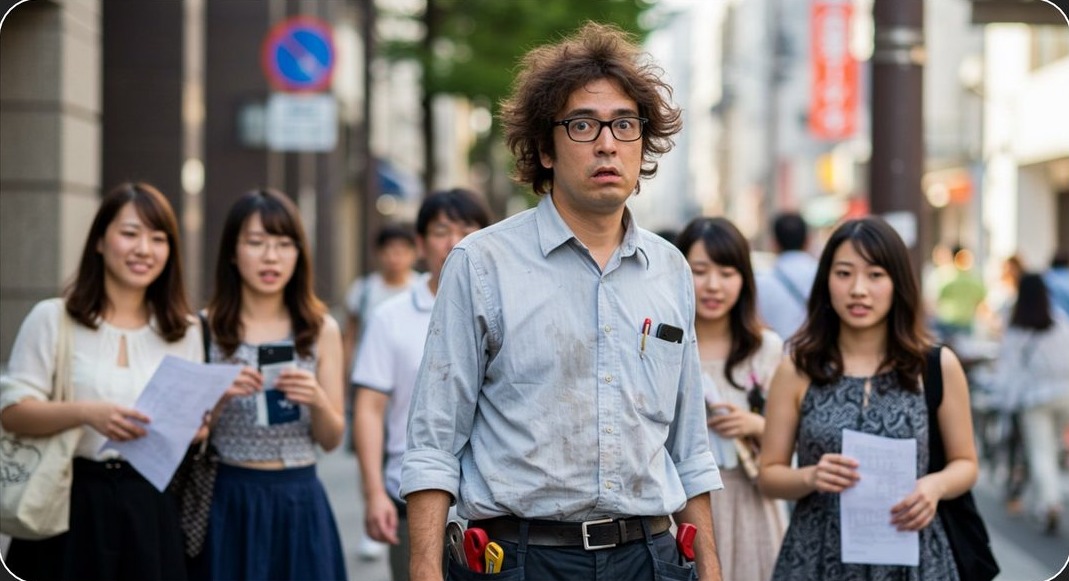 街を歩く個性的なエンジニアと、それに注目する女性たち。「誰がいうか」戦法のイメージ