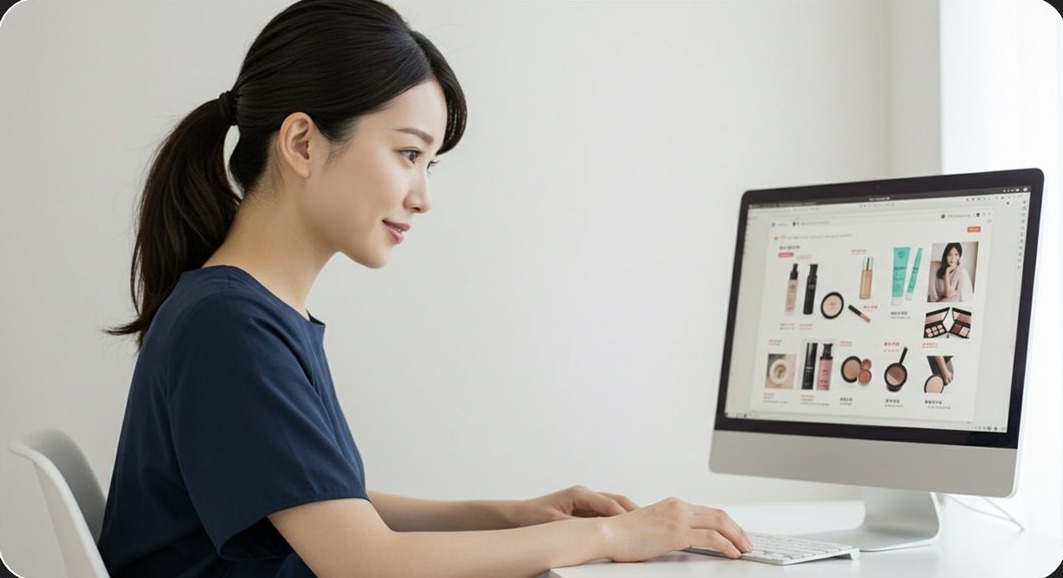 PCで化粧品のECサイトを自然に眺める女性。オーガニックに検索したくなるコンテンツのイメージ